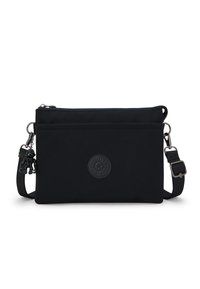 Borsa a tracolla nera in tessuto con chiusura a zip, logo impresso, tracolla regolabile e un piccolo charm decorativo. Texture liscia.