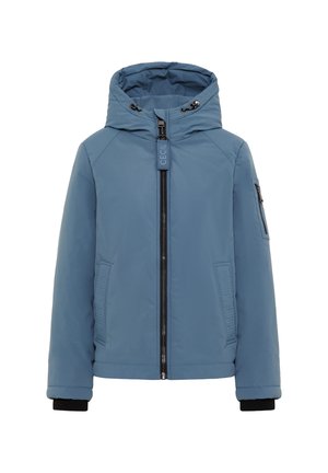 Blauwe hoodie gemaakt van gladde stof, met een ritssluiting aan de voorkant, twee zijzakken en een zak met rits op de mouw. Zwarte manchetten.