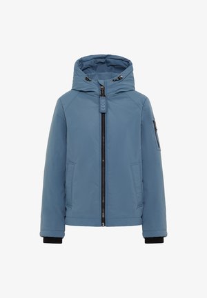 Blaues Kapuzenshirt aus glattem Stoff, mit Frontreißverschluss, zwei Seitentaschen und einer Reißverschlusstasche am Ärmel. Schwarze Bündchen.