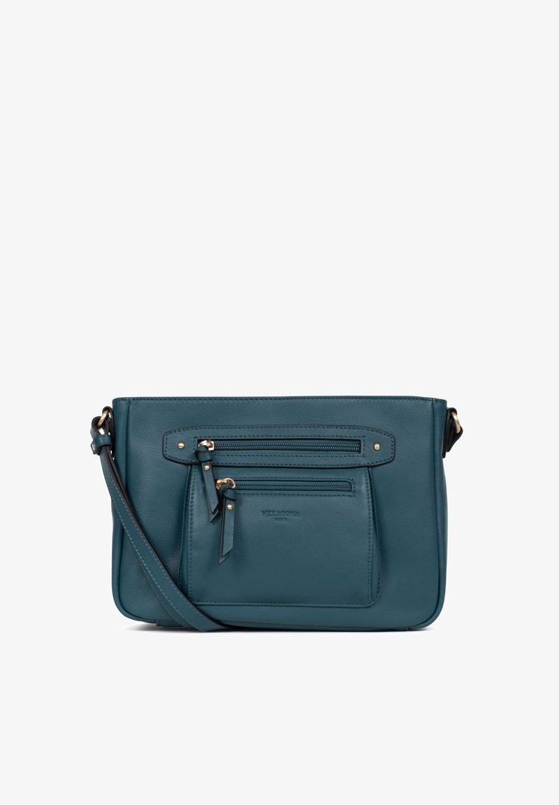 Borsa a tracolla in pelle teal con texture liscia, dotata di due tasche anteriori con zip, hardware color oro e una tracolla regolabile.