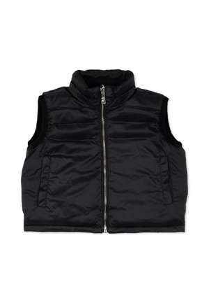 Gilet imbottito nero senza maniche con collo alto e chiusura frontale con cerniera.