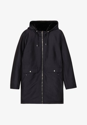 Veste noire à capuche avec fermeture éclair à l'avant, poches latérales et rabats à bouton-pression. Tissu lisse avec un intérieur doux.