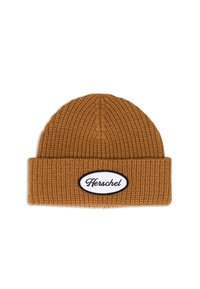 Berretto in maglia marrone con risvolto, dotato di una patch del logo Herschel in bianco e nero sul davanti. Motivo a coste tessurato in tutto il berretto.