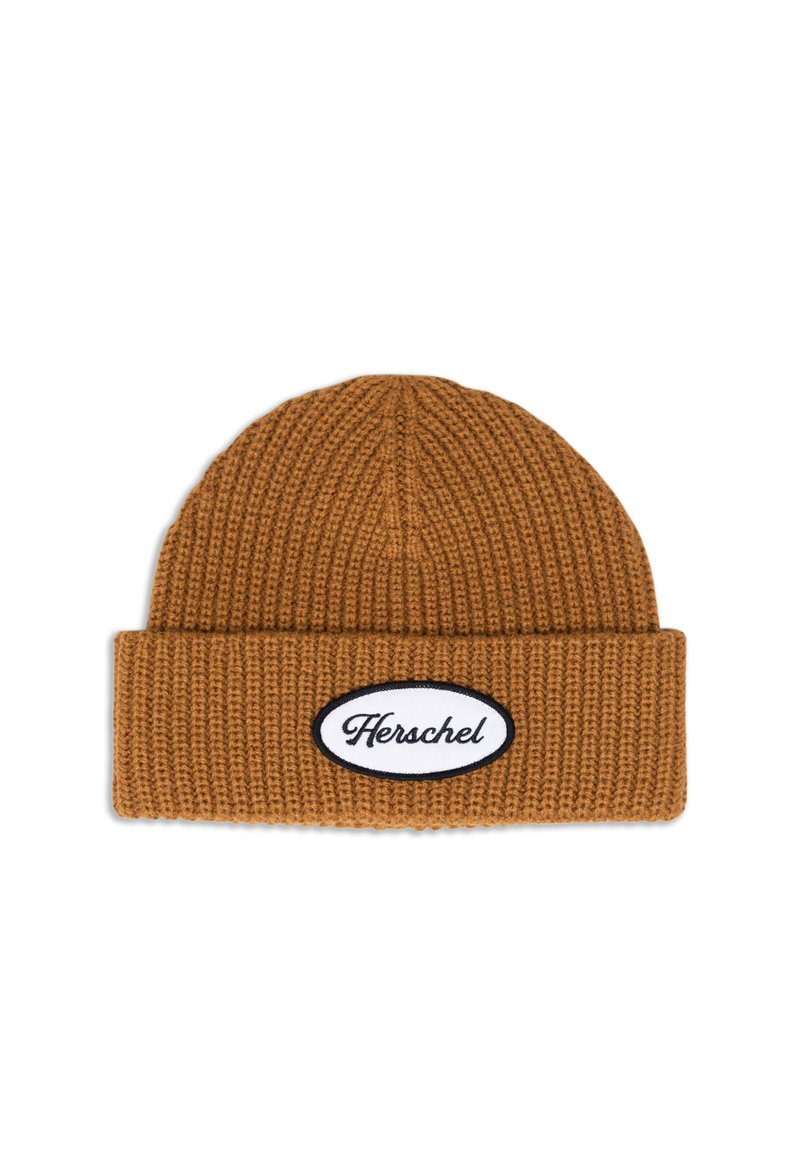 Berretto in maglia marrone con risvolto, dotato di una patch del logo Herschel in bianco e nero sul davanti. Motivo a coste tessurato in tutto il berretto.