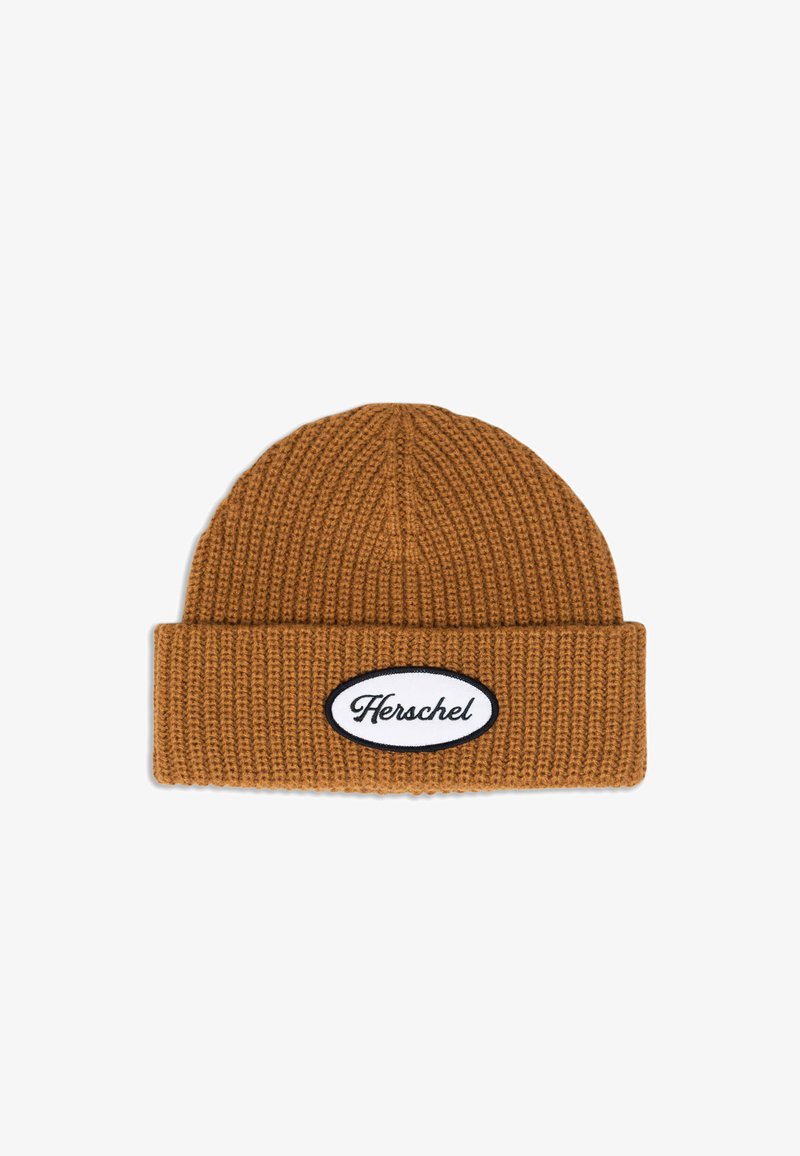 Brun strikket beanie med en foldet kant, der har et sort-hvidt Herschel-logo patch foran. Struktureret ribbet mønster over det hele.