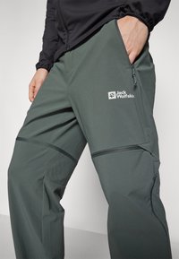 Herre turbukser, mørkegrønn, lett stoff, to sidelommer med glidelås, elastisk midjebånd, Jack Wolfskin-logo på benet, horisontale dekorative sømmer.