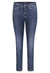 Dunkelblaue Jeans aus Denim mit schmaler Passform, ausgestattet mit einem Reißverschluss am Saum, fünf Taschen und kontrastierendem Nähte. Flacher Vorderteil und mittelhohe Taille.