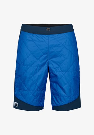 Blaue, gesteppte Shorts mit glatter Textur, versehen mit einem einfarbigen, dunklen Bund und Logodetails am unteren linken Bein.
