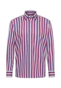 Camicia a maniche lunghe con bottoni, a righe verticali in rosso, blu e bianco. Presenta un colletto a punta e polsini a righe a contrasto.