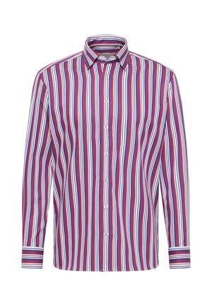 Chemise à manches longues boutonnée avec des rayures verticales en rouge, bleu et blanc. Dotée d'un col évasé et de poignets rayés contrastés.