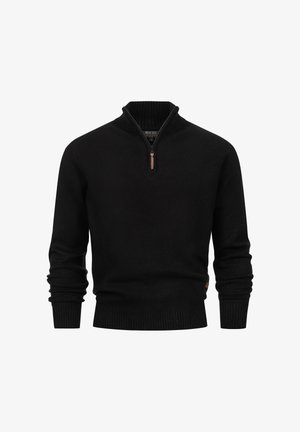 Čierny sveter so zipsom na krku vyrobený z jemnej tkaniny. Má rebrované manžety a lem, s dizajnom sústredeným na jednoduchosť a pohodlie.