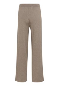 Ljusbruna vida byxor i mjukt, strukturerat tyg. Har en elastisk midja och inga synliga fickor. Enkel, minimalistisk design.