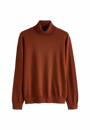 Rust-colored turtleneck sweater, made of soft material, featuring a ribbed neck, long sleeves, and a straight hem. Simple design with no patterns.