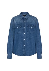 Camicia di denim di blu medio con colletto classico, maniche lunghe, due tasche sul petto, chiusura con bottoni e dettagli del logo discreti.