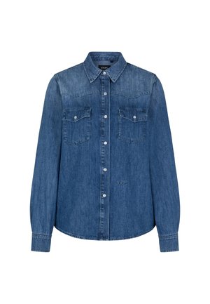 Denim overhemd in medium blauw met een klassieke kraag, lange mouwen, twee borstzakken, knoopsluiting en subtiele logo-detailing.