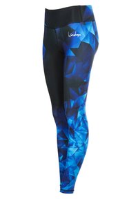 Leggings ajustados con un patrón geométrico azul. Tejido suave y elástico con una cinturilla negra. Costuras a máquina visibles a lo largo de las uniones.