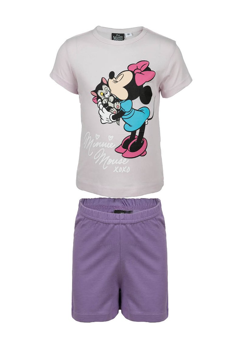 Pink short-sleeve t-shirt featuring a black and white Minnie Mouse graphic, paired with purple cotton shorts with an elastic waistband.