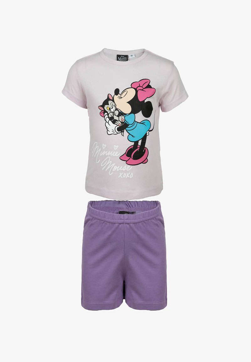 Pink short-sleeve t-shirt featuring a black and white Minnie Mouse graphic, paired with purple cotton shorts with an elastic waistband.