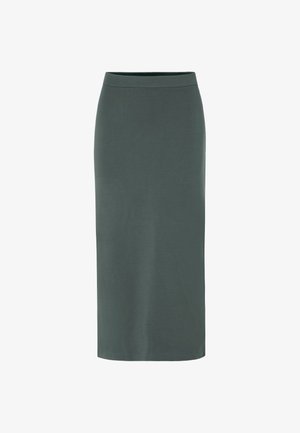 Mørkegrønn, ankel-lang skjørt laget av myk stoff. Har en tettsittende midje og glatt tekstur uten tilleggsmønstre eller utsmykkinger.