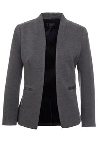 Blazer gris ajusté en tissu texturé. Présente un devant ouvert, deux poches latérales et une doublure intérieure noire lisse.