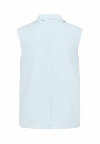 Sleeveless light blue vest with a notch collar, straight back seam, and a small vent at the bottom center.