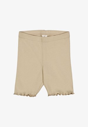 Beige ribbede shorts med en tætsiddende talje og en flæse forneden. Lavet af blødt stof, velegnet til hverdag.