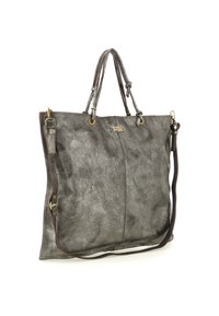 Borsa tote in pelle grigia a trama con doppie maniglie superiori, dettagli in metallo dorato e tracolla staccabile. Presenta una finitura liscia.
