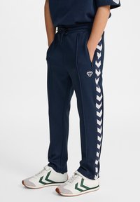 Marineblauwe joggingbroek met zijzakken, elastische tailleband en contrasterende witte chevronstreep. Gecombineerd met witte sneakers met groene accenten.