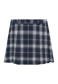 Jupe à carreaux marine avec un design plissé présentant des nuances de bleu, de blanc et des touches de rouille, finie par une taille élastique et un devant plat.