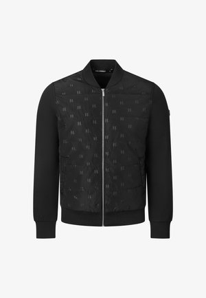 Schwarze Bomberjacke mit Reißverschluss, gesteppter Vorderseite mit dezentem, wiederholtem Logo-Muster und einfarbigen langen Ärmeln.