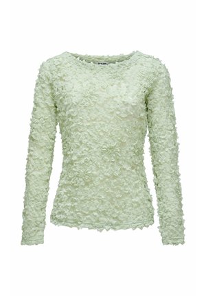 Top de manga larga de color verde claro cubierto con tela de encaje floral texturizada, con escote redondo y silueta ajustada.
