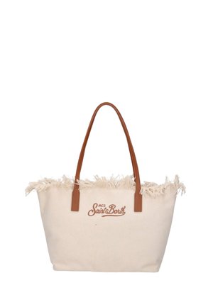 Borsa tote in tela beige con bordo superiore sfrangiato, manici in pelle marrone e logo "MC2 Saint Barth" sul davanti.