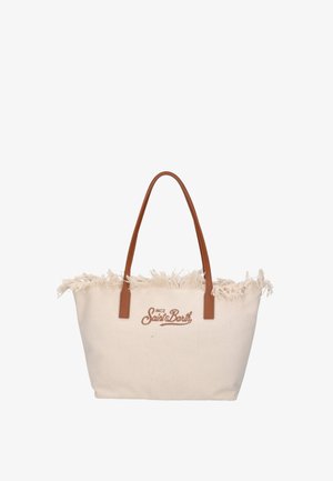 Borsa tote in tela beige con bordo superiore sfrangiato, manici in pelle marrone e logo "MC2 Saint Barth" sul davanti.