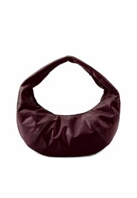 Sac en cuir bordeaux au forme décontractée, avec une large poignée arrondie et des détails de couture subtils. Texture lisse et design épuré.