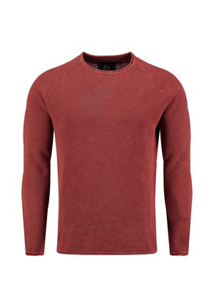 Jersey de punto texturizado para hombre de manga larga en rojo profundo, con cuello redondo y mangas raglán, presentado sobre fondo blanco.