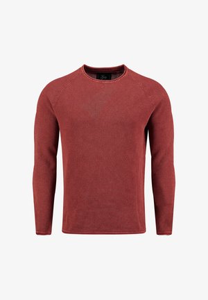 Jersey de punto texturizado para hombre de manga larga en rojo profundo, con cuello redondo y mangas raglán, presentado sobre fondo blanco.