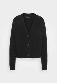 Černý pletený cardigan s výstřihem do V, dlouhými rukávy a žebrovanými manžetami. Obsahuje čtyři velké knoflíky vpředu. Texturovaná látka.