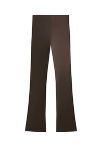 Pantalons marron évasés en matière extensible. Texture lisse, design à jambes larges, avec une couleur uniforme et sans motifs ni accents visibles.
