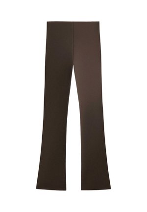 Pantaloni marroni a zampa d'elefante realizzati in materiale elastico. Texture morbida, design a gamba larga, con un colore uniforme e senza motivi o accenti visibili.