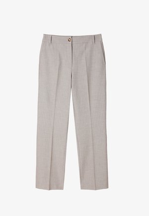 Svijetlosive prugaste hlače izrađene od tkanine s glatkom teksturom, s čvorem za zatvaranje, bočnim džepovima i ravnim dizajnom nogavica.