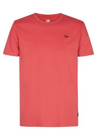 T-shirt corallo a maniche corte realizzato in cotone; presenta un colletto rotondo e un piccolo logo nero nella zona sinistra del petto; texture liscia.
