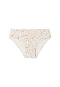 Weiße hochgeschnittene Damenunterwäsche mit einem bunten, kleinen Blumenmuster in Pink, Gelb und Grün auf einem einfarbigen Hintergrund.