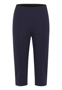 Navy cropped pants made of a stretchy fabric, featuring a smooth texture and vertical seams, with an elastic waistband for comfort.