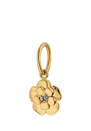 Goldener blumenförmiger Anhänger mit einem kleinen klaren Edelstein in der Mitte, der an einer glatten goldenen Öse befestigt ist.