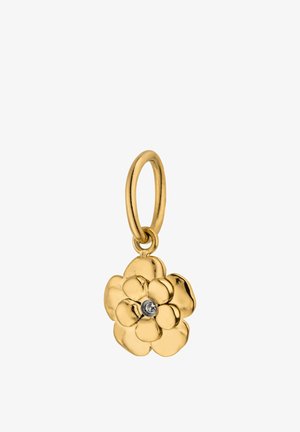 Goldener blumenförmiger Anhänger mit einem kleinen klaren Edelstein in der Mitte, der an einer glatten goldenen Öse befestigt ist.