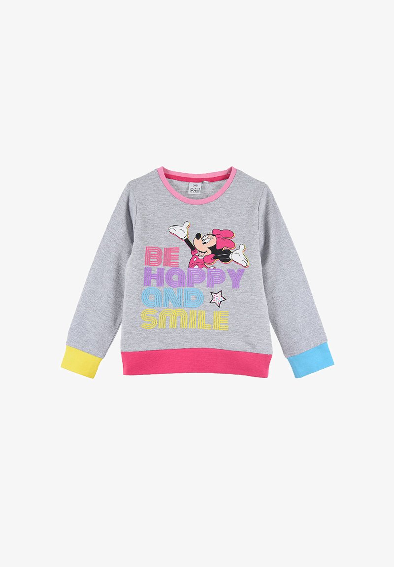 Felpa grigia con collo e orlo rosa, polsini gialli. Presenta un testo colorato "SII FELICE E SORRIDI" e una grafica di Minnie Mouse. Tessuto morbido.