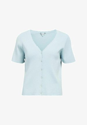 Hellblauer, kurzärmeliger, gerippter Cardigan mit V-Ausschnitt und Knopfleiste vorne.