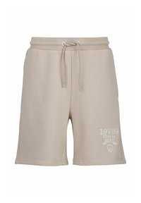 Beige katoenen shorts met een elastische tailleband en een trekkoord. Bevat een witte logo-opdruk op de linker dij. Gladde textuur, lengte boven de knie.