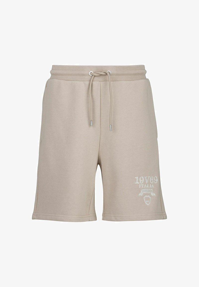 Beige katoenen shorts met een elastische tailleband en een trekkoord. Bevat een witte logo-opdruk op de linker dij. Gladde textuur, lengte boven de knie.