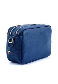 Navy leren toilettas met dubbele ritsen, rechthoekige vorm, gestructureerd oppervlak en een kleine Italiaanse vlag charm aan de rits. 